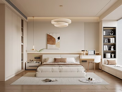 Modern Light Toned Bedroom Interior Design With Bed Desk Bookshelf Rug And Chandelier 3d model