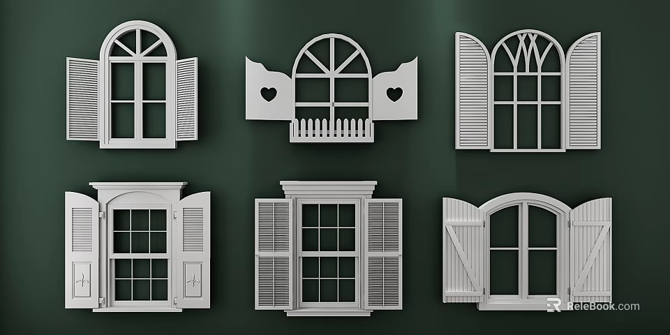 White Window Shutters With Different Decorative Styles Arch Shapes And Heart Patterns 3d model 