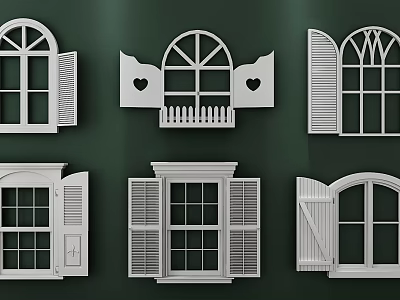 White Window Shutters With Different Decorative Styles Arch Shapes And Heart Patterns 3d model