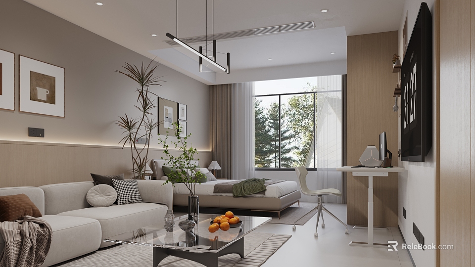 Elegant Hotel Room Interior With Comfortable Bed Sofa Large Window And Green Plants 3d model 