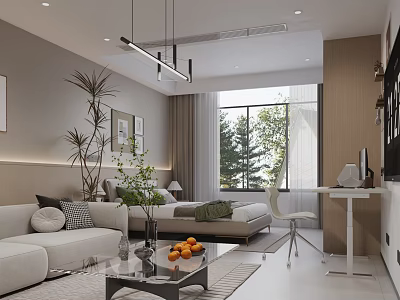 Elegant Hotel Room Interior With Comfortable Bed Sofa Large Window And Green Plants 3d model