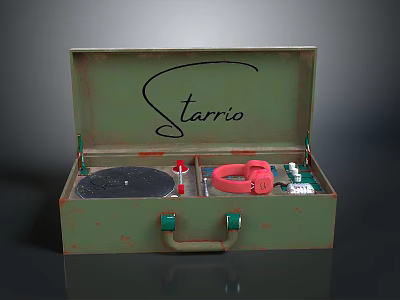 Vintage Green Suitcase Record Player With Starrio Logo Red Headphones And Knobs 3d model