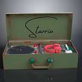 Vintage Green Suitcase Record Player With Starrio Logo Red Headphones And Knobs