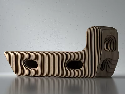 Abstract Shaped Sofa with Layered Wooden Stripes and Curved Cutout Design 3d model