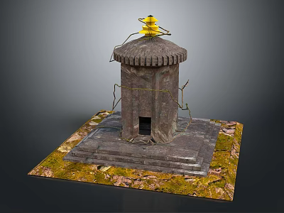 Decorative Stone Tower With Yellow Top And Square Base Covered In Moss And Fallen Leaves 3d model