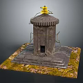 Decorative Stone Tower With Yellow Top And Square Base Covered In Moss And Fallen Leaves
