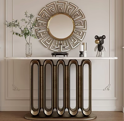 Stylish Console Table Decor with Round Geometric Mirror Vase Plants Candles and Black Bear Figurine 3d model