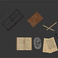 Vintage Stationery With Metal Stand Open Book Inkwell Papers And Wooden Sticks