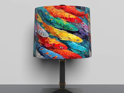 Vibrant Table Lamp With Colorful Fish Art Design On Decorative Shade 3d model