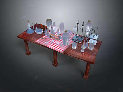 Household Glassware Metal Stands and Tools on Wooden Table with Red White Checkered Tablecloth 3d model