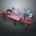 Household Glassware Metal Stands and Tools on Wooden Table with Red White Checkered Tablecloth