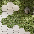 Green Plant Wall with White Hexagonal Panels and Metal Pendant Lights Interior Decor