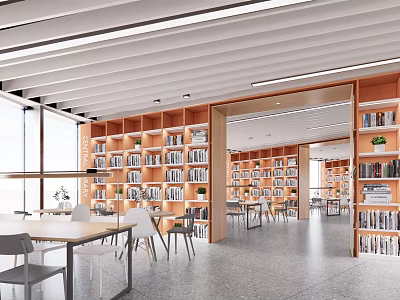 Modern Book Art Library Interior With Full Bookshelves Tables Chairs And Large Windows 3d model