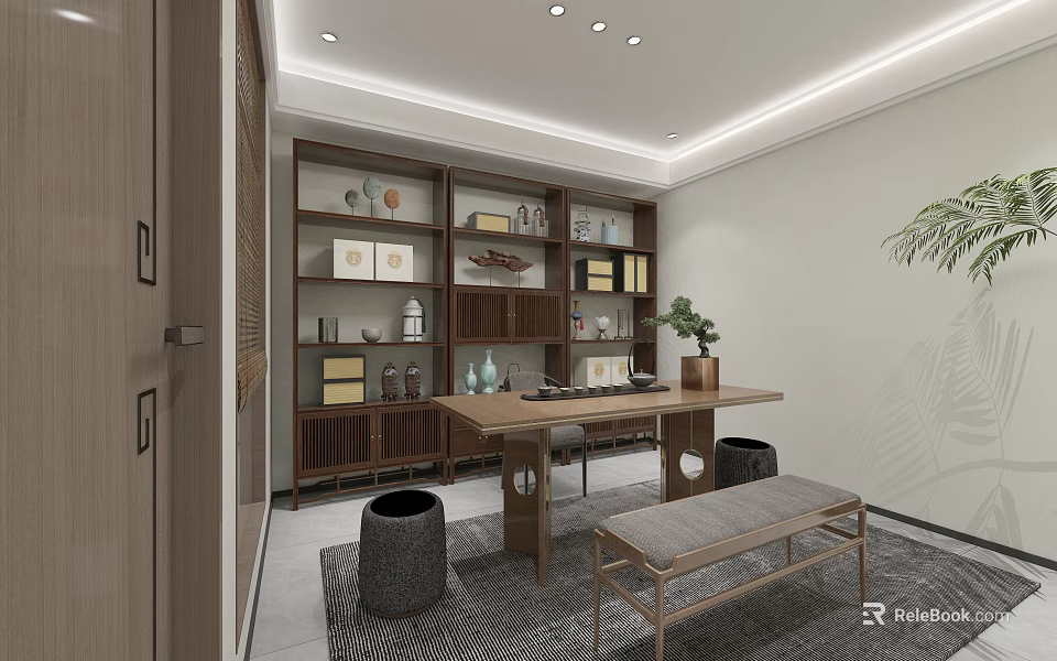 Traditional Tea House Interior With Wooden Shelves Decorations Books Long Table And Green Plant 3d model 