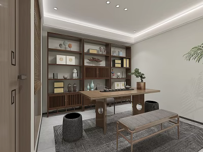 Traditional Tea House Interior With Wooden Shelves Decorations Books Long Table And Green Plant 3d model