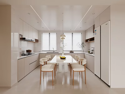 Modern Dining Room Interior With Open Design White Cabinets Table Wooden Chairs And Hanging Light 3d model