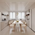 Modern Dining Room Interior With Open Design White Cabinets Table Wooden Chairs And Hanging Light