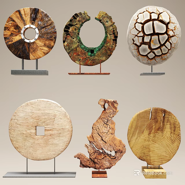 Natural Style Decorative Ornament Set With Wooden Textured Circular Pieces And Stand Supports 3d model 
