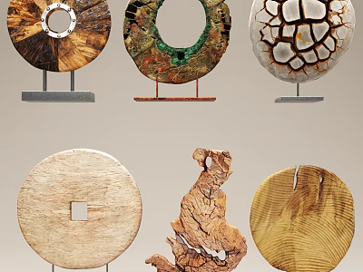 Natural Style Decorative Ornament Set With Wooden Textured Circular Pieces And Stand Supports 3d model