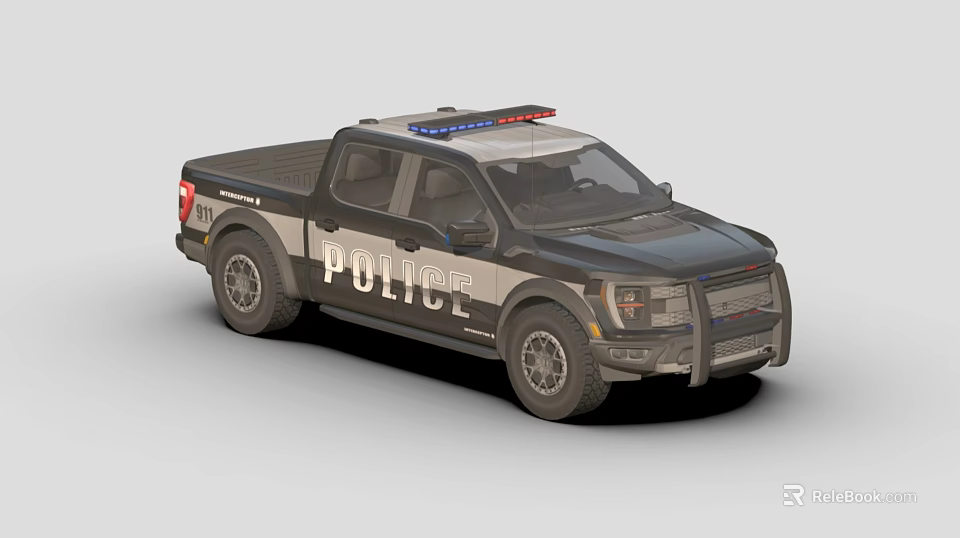 Police Pickup Truck With Roof Lights Black White Color And Front Grille Design 3d model 