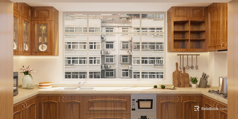 Modern Kitchen Interior With Wooden Cabinets Large Window Apartment Buildings Outside Countertop Sink And Oven 3d model 