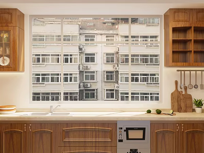 Modern Kitchen Interior With Wooden Cabinets Large Window Apartment Buildings Outside Countertop Sink And Oven 3d model