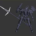Game And Movie Character Mechanical Robot With Spear And Complex Armor In Dynamic Combat Stance