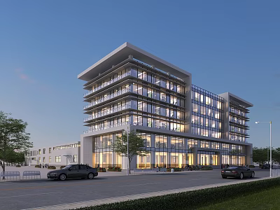 Modern Multi Story Office Building With Glass Facade Evening Lighting Landscaped Surroundings And Parked Cars 3d model