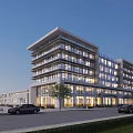Modern Multi Story Office Building With Glass Facade Evening Lighting Landscaped Surroundings And Parked Cars