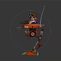 Game Movie Character Kid With Goggles Helmet Riding Orange Mechanical Robot With Pirate Logo Weapon