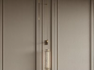 Elegant Light Gray Door Surface With Vertical Stripe Details Brass Metal Handle And Perforated Pendant 3d model