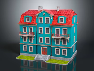 Multi Story Residential Building With Blue Exterior Red Roof Balconies Red Door Lawn And Steps 3d model