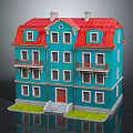 Multi Story Residential Building With Blue Exterior Red Roof Balconies Red Door Lawn And Steps