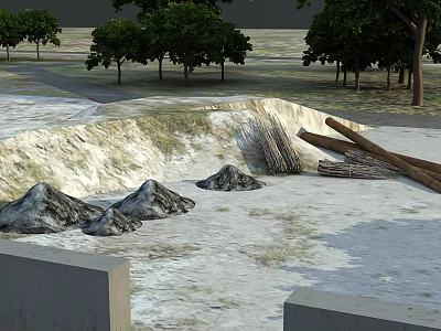 Outdoor Natural Scene With Sand Pit Logs Trees And Small Mounds On Ground 3d model