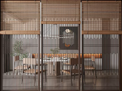 Bamboo Blinds Modern Interior Room Divider For Dining Area With Warm Tones Plant Decor 3d model