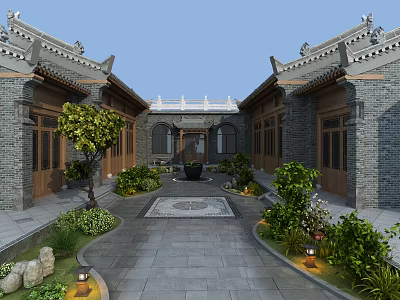 Traditional Ancient Chinese Courtyard Architecture With Grey Brick Walls Overhanging Eaves And Stone Paved Path 3d model