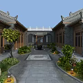 Traditional Ancient Chinese Courtyard Architecture With Grey Brick Walls Overhanging Eaves And Stone Paved Path