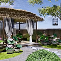 Chinese Pergola with Thatched Roof in Traditional Courtyard Surrounded by Lotus Flowers and Stone Path