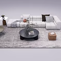 White L Shaped Sofa Black Round Coffee Table Set With Decorative Pillows Throw Blanket 3d model
