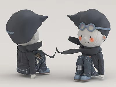 Two cute dark gray boy dolls with hats goggles and scarves in sitting pose 3d model