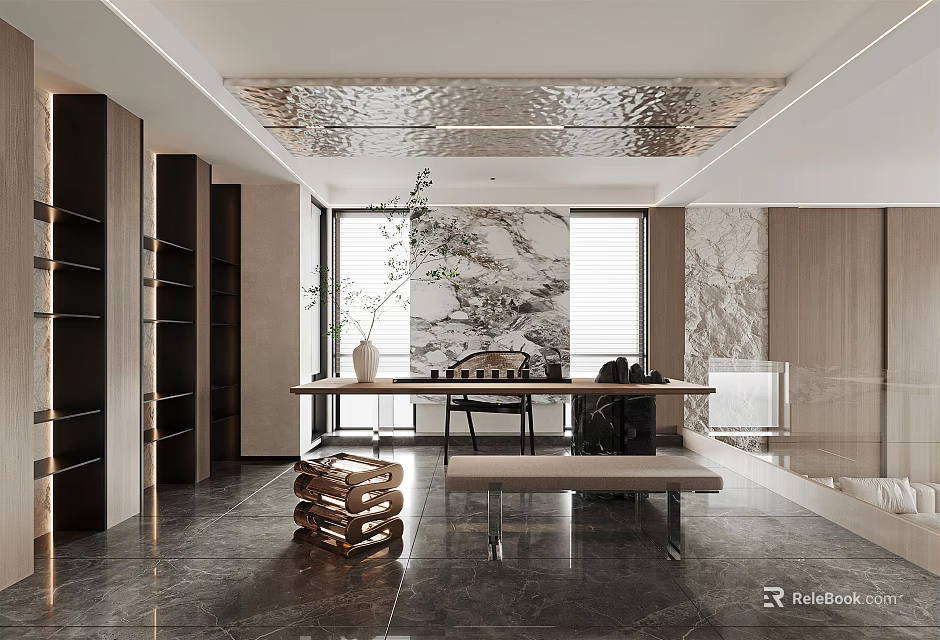 Modern Tea Room Interior With Marble Wall Long Table Black Elements And Wooden Decor 3d model