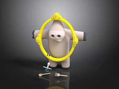 Cartoon Sheep Figure Holding Yellow Hoop With Small Utensils On Black Surface 3d model