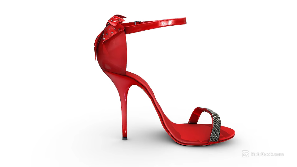 Elegant Red High Heel Sandals With Ankle Strap And Rhinestone Decoration 3d model 
