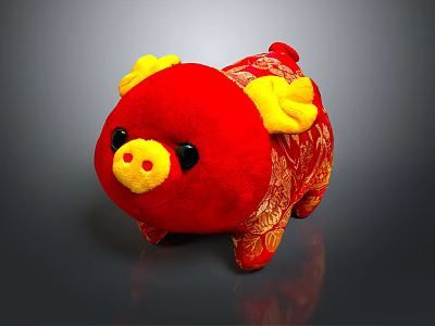 Red Plush Pig Doll With Yellow Horns And Golden Patterns Design 3d model