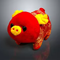 Red Plush Pig Doll With Yellow Horns And Golden Patterns Design
