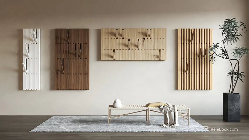 Modern Wall Mounted Wooden Clothes Racks In Various Wood Tones With Hooks For Interior Decor 3d model 