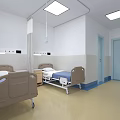 Clean Modern Hospital Room With Two Beige Beds Blue Linens White Walls And Ceiling Lights