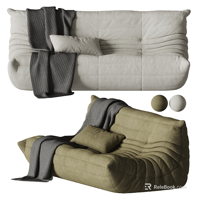 Cozy Modern Two Seater Sofa With Beige Green Fabric Pillows Throw Blanket And Decorative Balls 3d model 