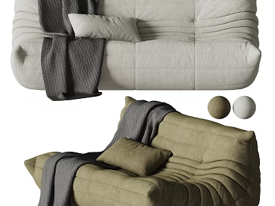 Cozy Modern Two Seater Sofa With Beige Green Fabric Pillows Throw Blanket And Decorative Balls 3d model