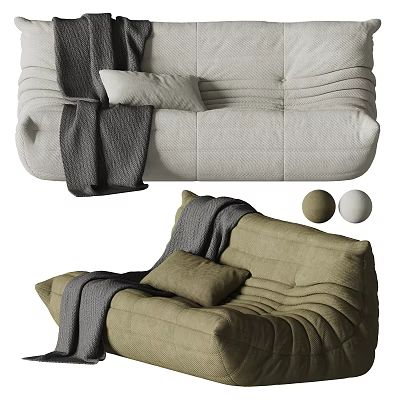 Cozy Modern Two Seater Sofa With Beige Green Fabric Pillows Throw Blanket And Decorative Balls 3d model